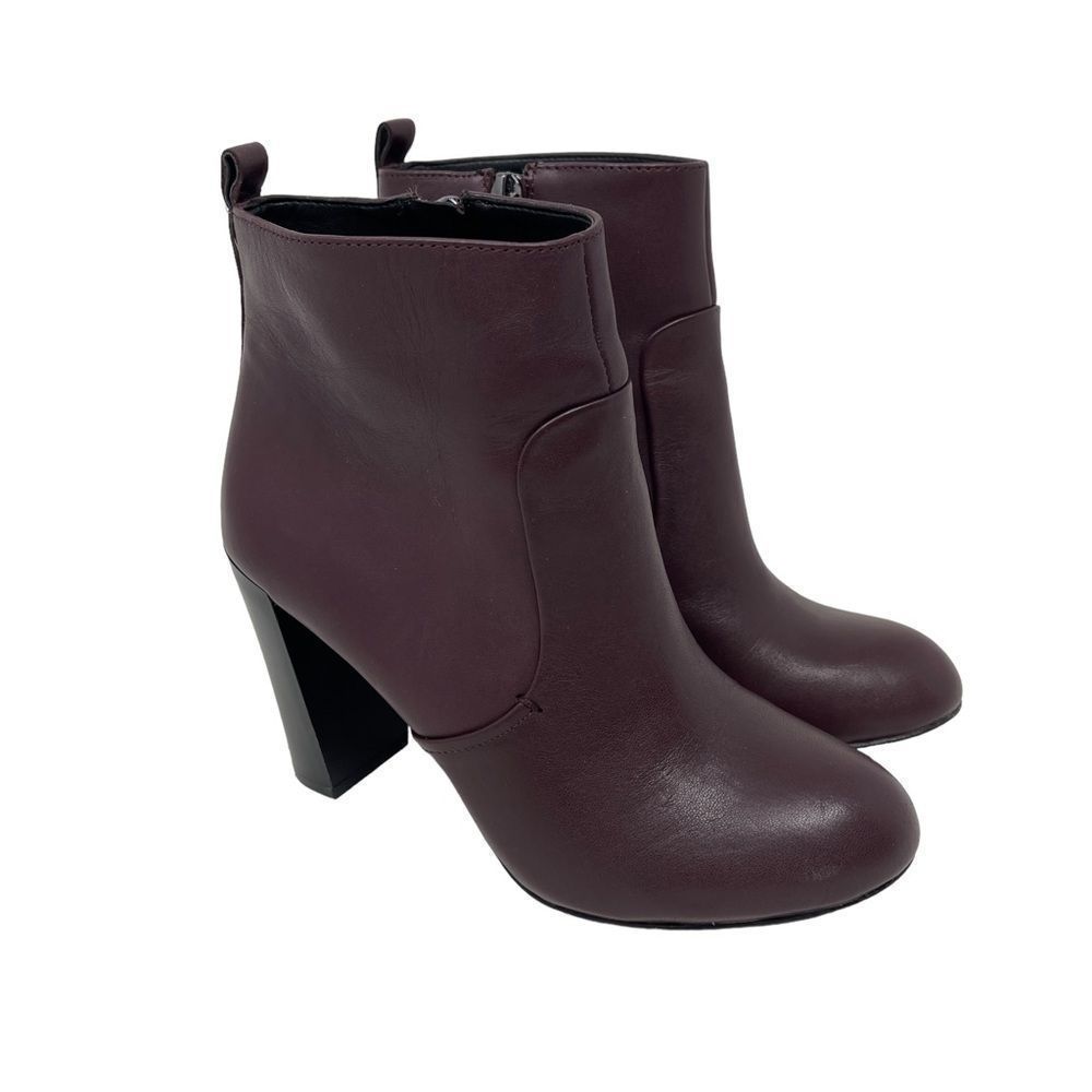 Nine West Sinchi Wine Bootie Almond Toe Stacked Heel Leather Inside Zip Womens 5